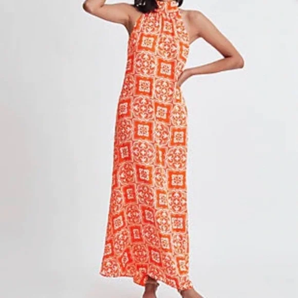 Ann Taylor Tiled Flowy Tie Neck Halter Maxi Dress - Picture 7 of 12